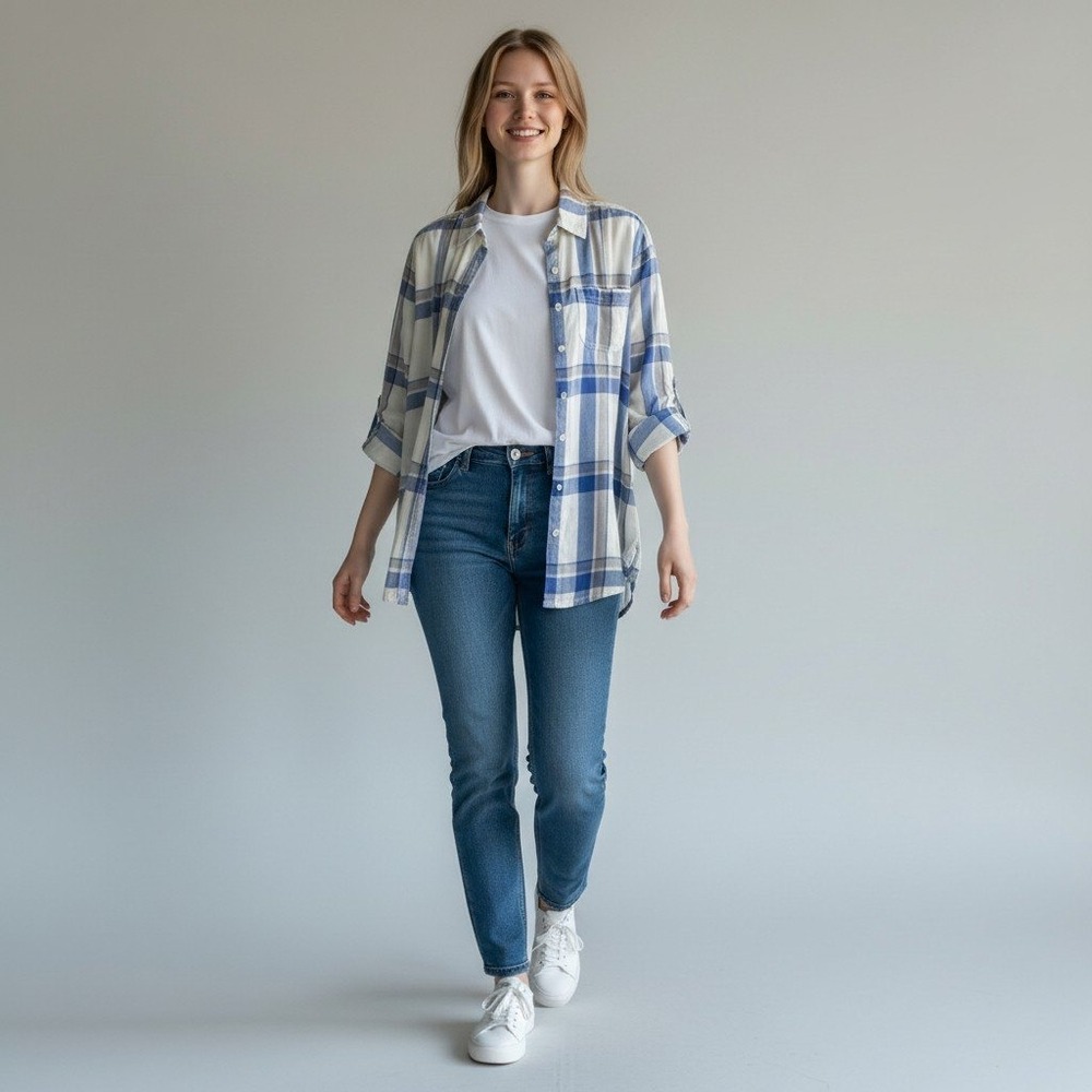 Rubbish Button Up Shirt Womens L Blue White Plaid Roll Tab Sleeve Cotton Casual
